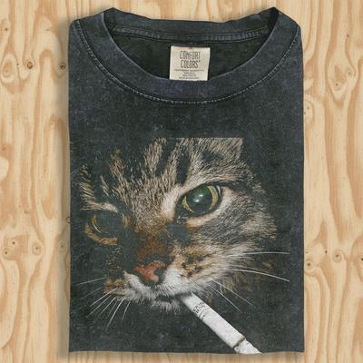Vtipné tričko s kočkou kouřící, Comfort Colors, Vintage Grunge Meme Grafické tričko, Unisex pro muže i ženy