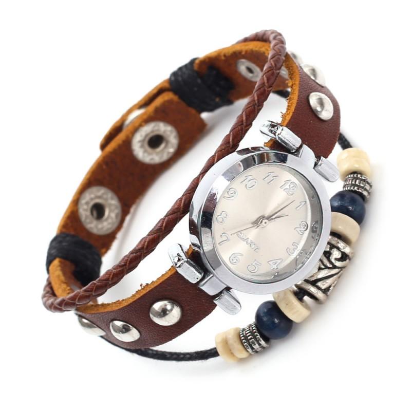 Vintage Leather Mens Wristwatch Punk Style Quartz Watch With Pull-Through Buckle Black Brown