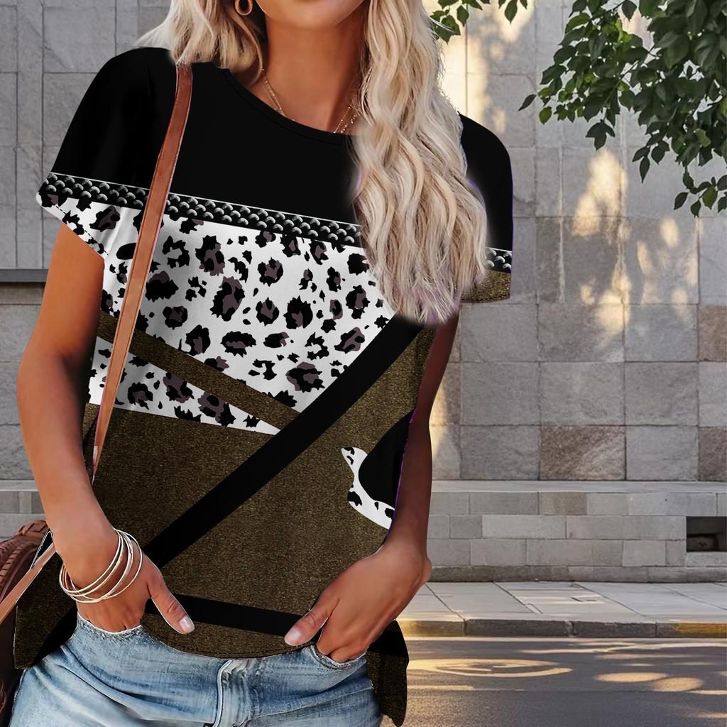 Women Summer T Shirt Leopard Print Print Retro Fashion Short Sleeve Tees Casual   Printed  Tops