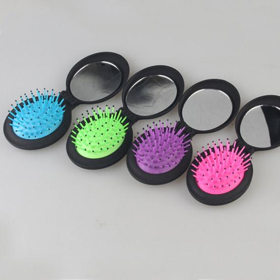 Portable Folding Travel Makeup Soft Scalp Hair Brush Massager Comb with Mirror