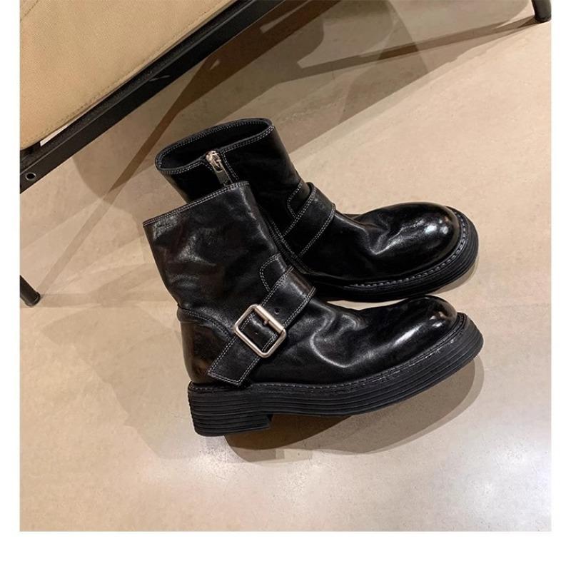 Washed cowhide real locomotive knight boots thick-soled belt buckle short boots women's locomotive boots retro Martin boots