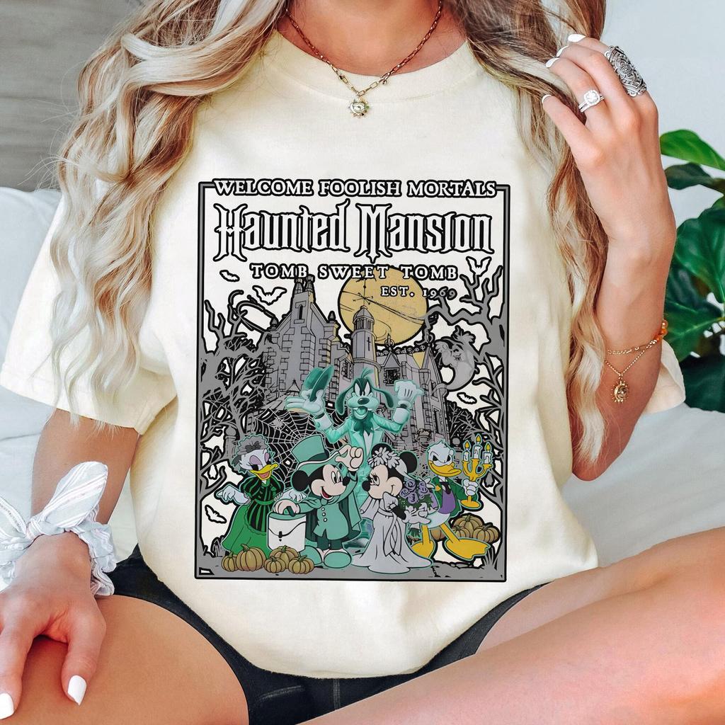 Vintage Mickey and Friends The Haunted Mansion Shirts Disney Welcome Foolish Mortals tee Mickeys Not So Scary Party
