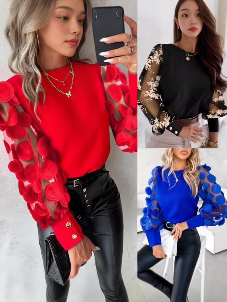 Camicia da Donna Autunnale a Maniche Lunghe alla Moda con Scollo Rotondo e Maniche a Volant Abbigliamento da Donna