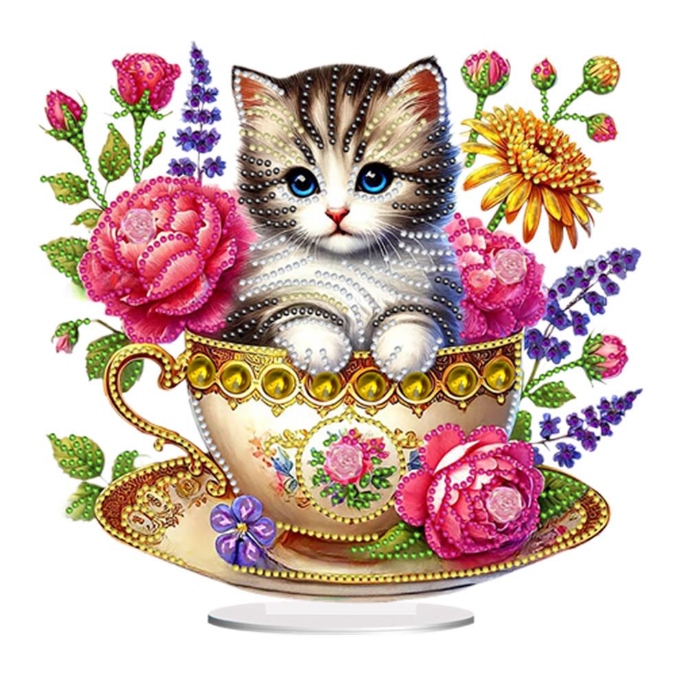 2D Flat Teacup Cat DIY Table Top Diamond Painting Ornament Kits Desktop Diamond Art Kits 5D DIY Diamond Art Tabletop Decorations