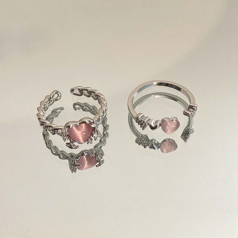 Kpop Y2K Pink Heart Opal Rings for Women Korean Fashion Cross Star Opening Finger Ring Sweet Girls Party Jewelry Gifts