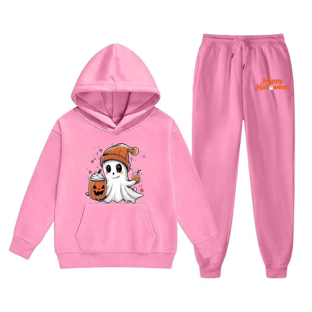 Kids Halloween Hoodie and Pants Set Ghost Print Pullover Sweatshirt with Hooded Top and Elastic Waist Bottoms for Boys and Girls