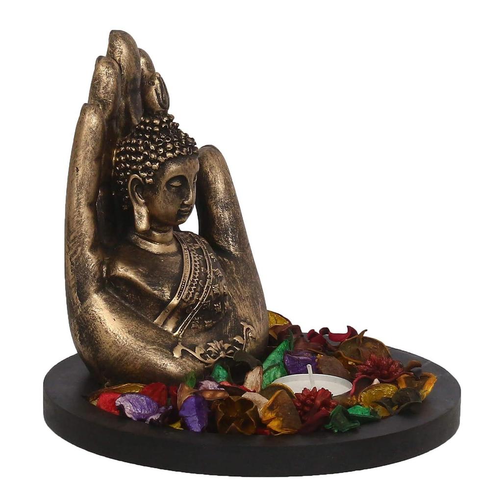 Copper Finish Handcrafted Palm Buddha Decorative Showpiece with Wooden Base, Fragranced Petals and Tealight