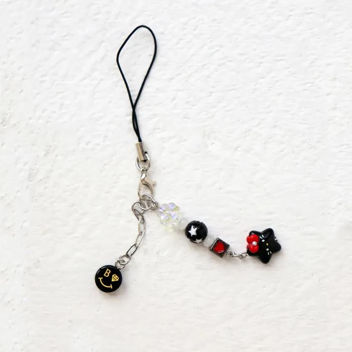 Acrylic Smile & Ribbon Cat Phone Charm Strap Beaded Mobile Phone Keyring