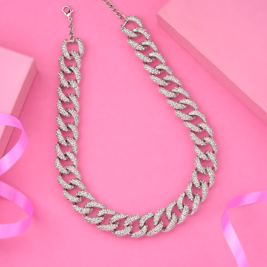 Fashion Cuban Designer Estele Necklace Rhodium Plated For Women