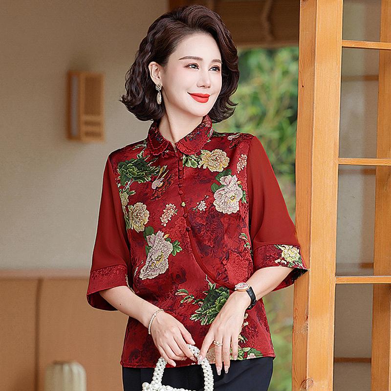 Middle Aged and Elderly Women's Casual Breathable Round Neck Short Sleeved Chinese Style T-shirt Western Style Top for Women