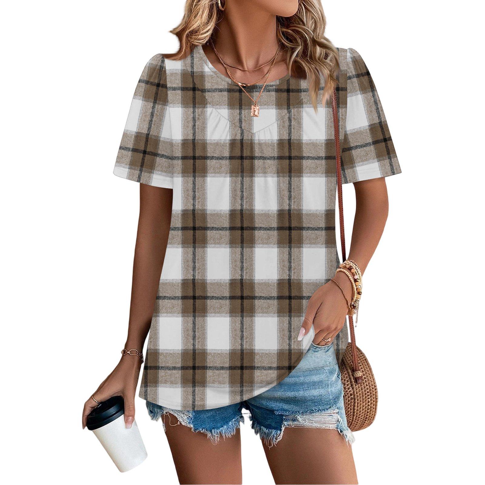 

Жіноча повсякденна модна кругла шия клітчаста принтована плісирована коротка футболка топ S хакі