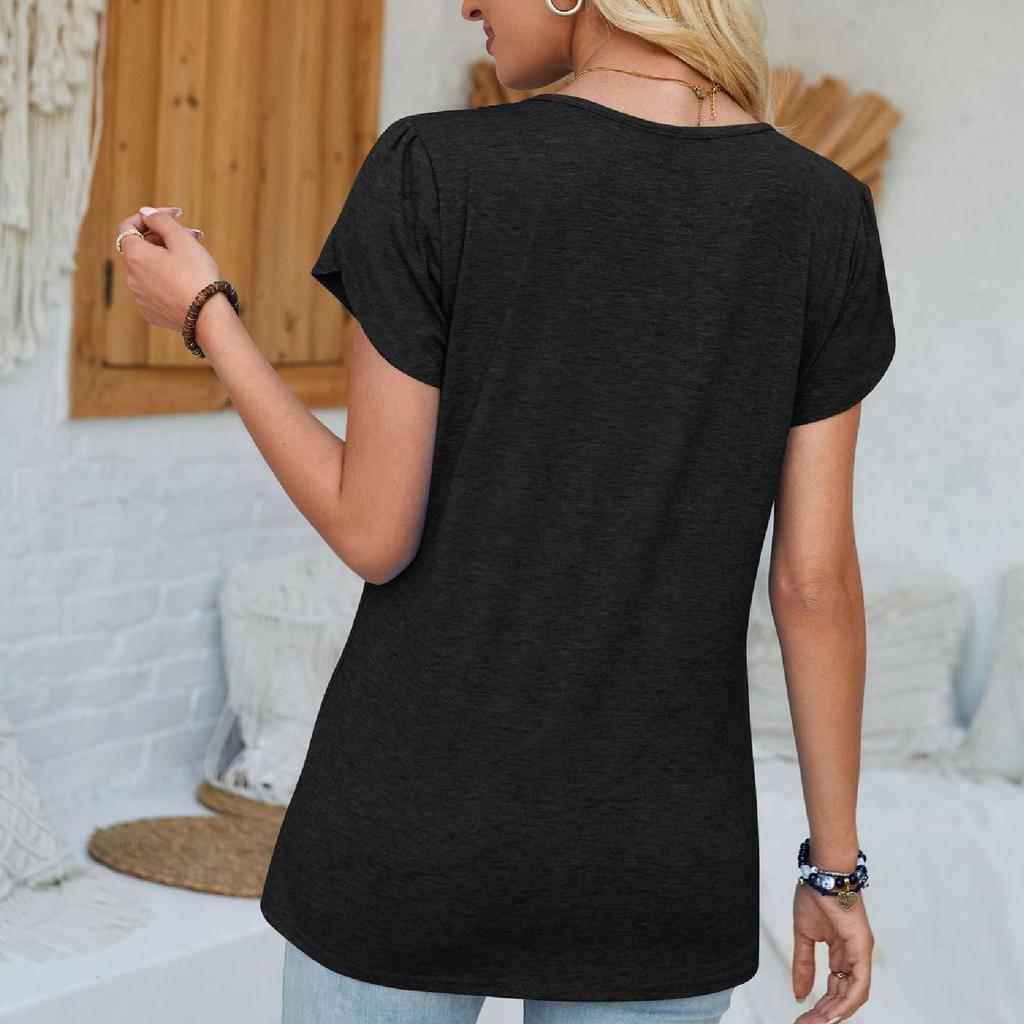 Women's Fashion Splicing V-neck Petal Sleeve  Casual T-shirt Short Sleeve Top