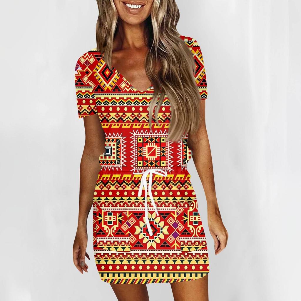 Women's Fashion Casual V-Neck Short Sleeve Drawstring Sequin Printed Dresses