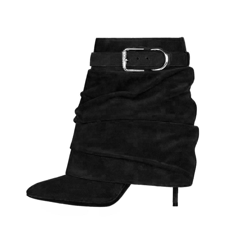 Fashion Brand New European American Pleated Middle Tube Stacking Boots Pointed Slim High Heels, Solid Color Fashionable Skirts Boots 43