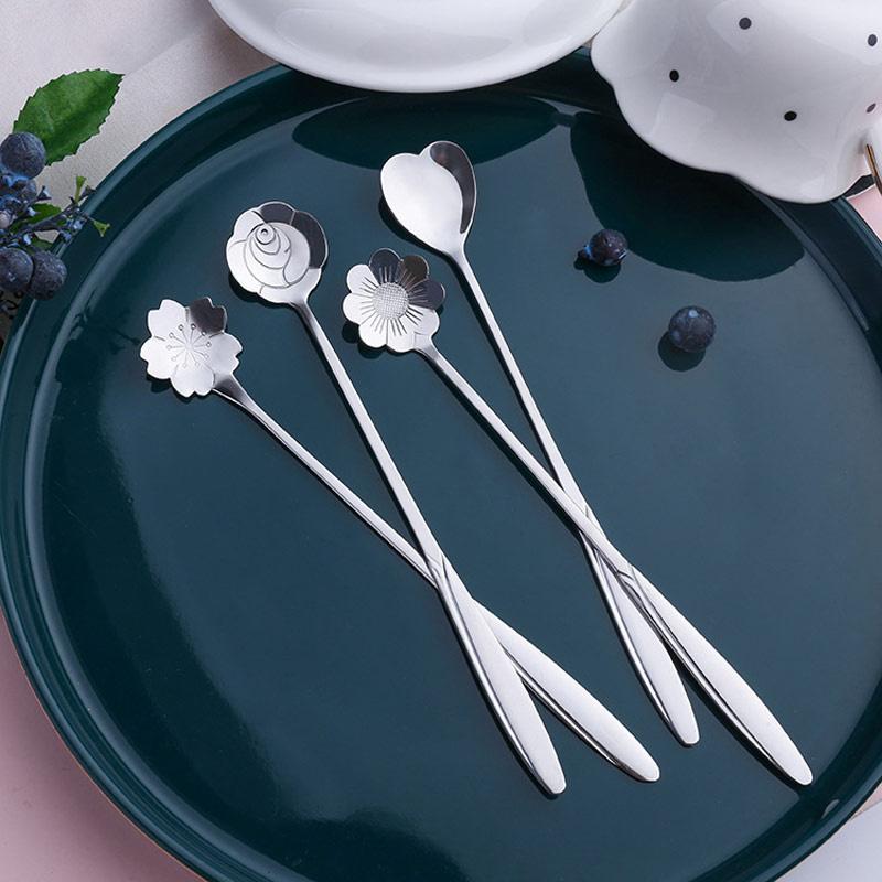 4/8pcs Stainless Steel Cherry Blossom Spoon Coffee Spoon Dessert Spoon
