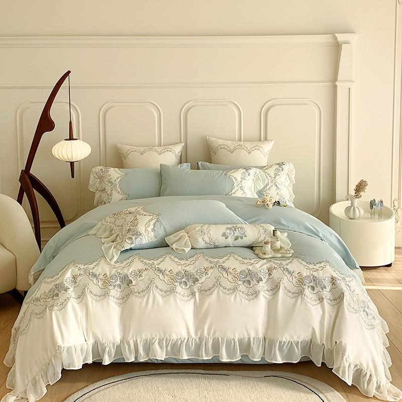 

Комплект постельного белья из египетского хлопка 1000 ТС, романтический, французский, принцессный, с розовой вышивкой, кружевами и оборками, комплект пододеяльника, простыня, наволочки Flat Bed Sheet&Queen 200X230cm 4pcs