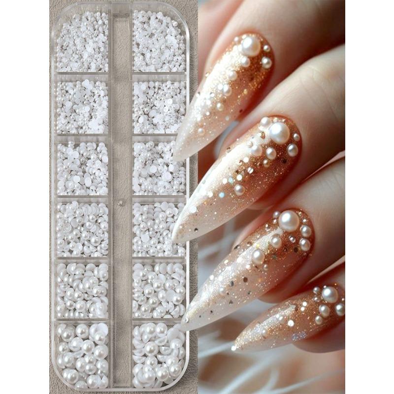 12 Grids 3D Semi-Circle White Simulation Pearl Nail Art Decorations, Semi-Circle Pearl Gems, DIY Nail Art Decor, Suitable For Home DIY Nail Art