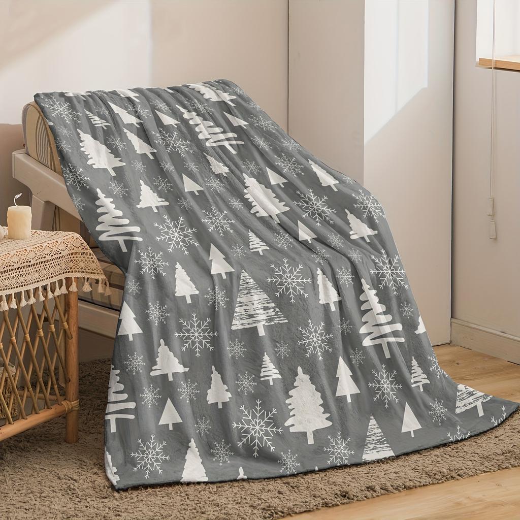 1pc Cozy Flannel Throw Blanket with Snowy Christmas Tree Design - Soft, Warm, Machine Washable for Couch, Bed, Sofa, Camping