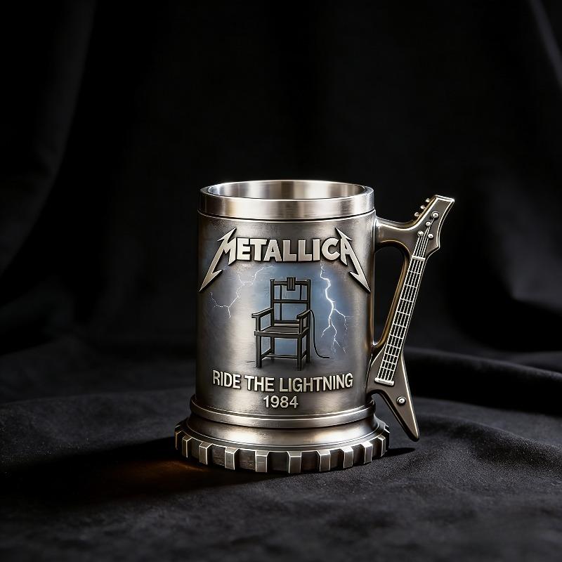 Metallica 3D Relief Kaffeetasse, Zahnradförmiger Sockel & Elektrische Gitarre Griff, Premium Harz & Stahlkrug für Metalheads
