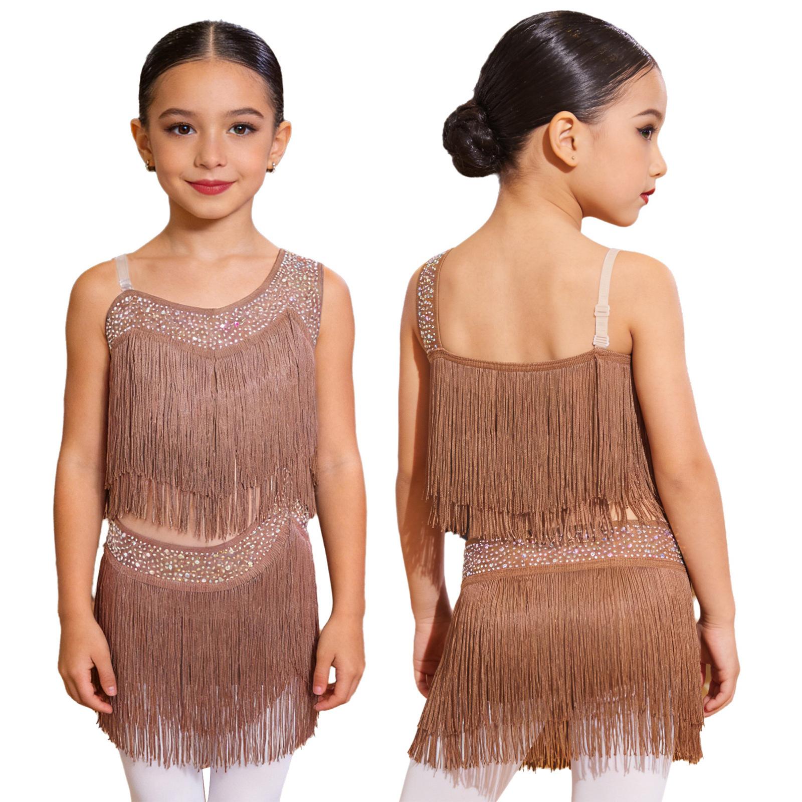 

Girls Tassel Fringe Latin Dance Dress Shiny Rhinestones Cutout Asymmetrical Hem for Cha-Cha Rumba Competition Recital 5-6 Years коричневий