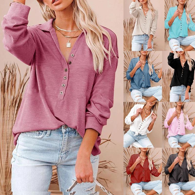 Blusas y camisas con cuello POLO de manga larga con estampado de Color sólido informal a la moda para mujer