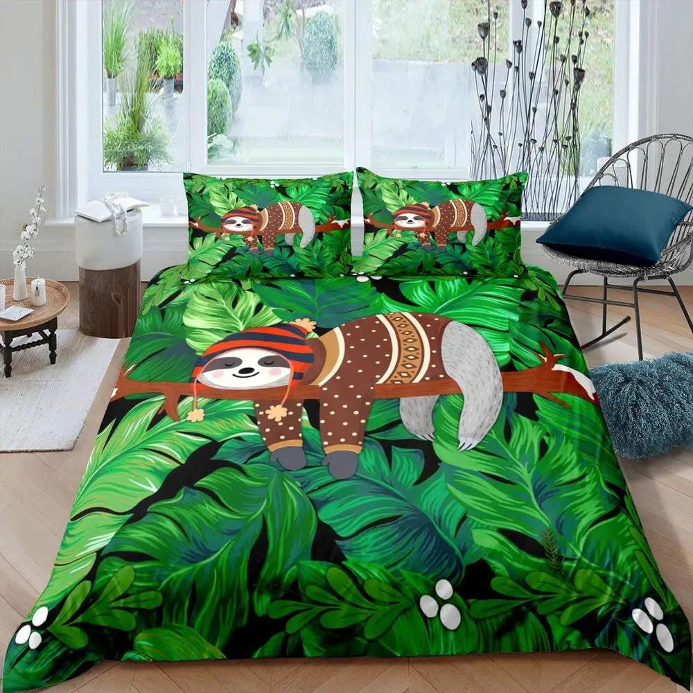 Carton Sloth Soft Duvet Cover Set Lovely Animals Beding Sets for Young Boys Young Girls Funy Sloth Tropical Leaves Floral Nature Comfortable Quilt