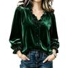 Women's V-Neck Ruffle Trim Long Sleeve Blouse Button Down Top for Business Casual Work