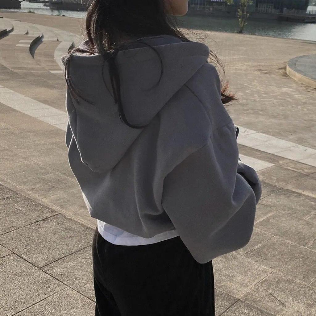 Women Hoodies Retro Solid Color Zip Up Oversized Sweatshirts Harajuku Korean Version Long Sleeve Hooded Jackets Coat