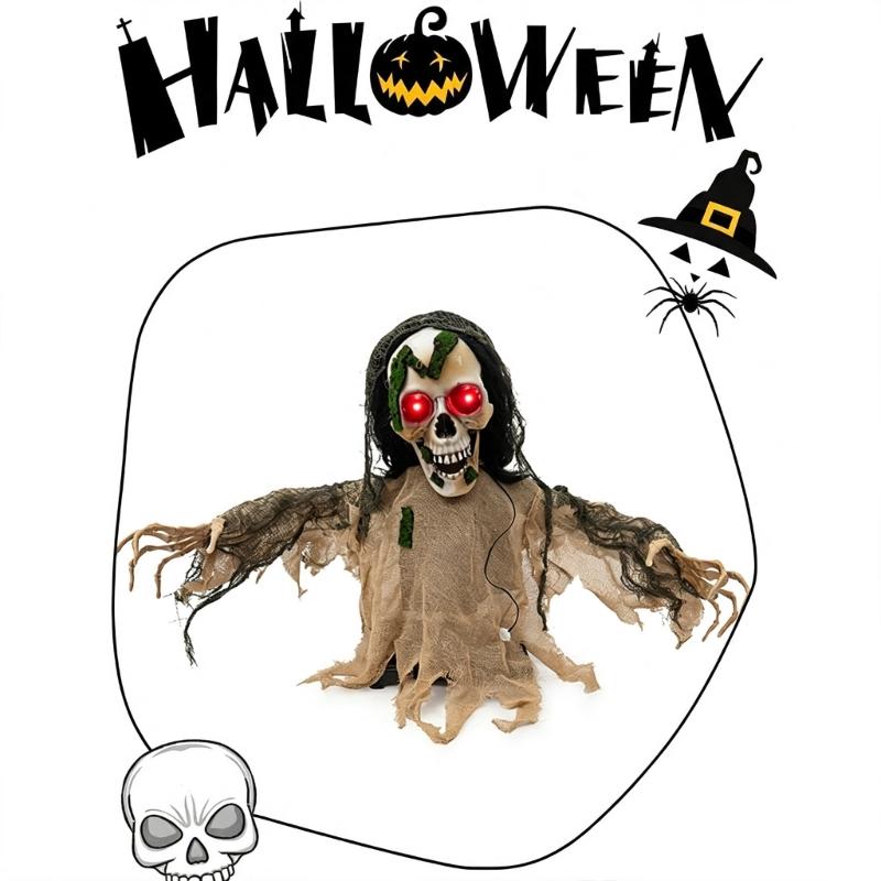 Half Body Halloween Figure With Sound Activation Red Light Gaze and Aged Cloth Finish for Seasonal Party Porch Graveyard Display Scene Use