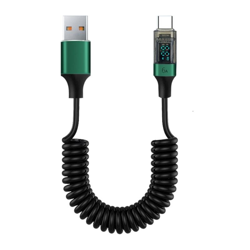 USB to USB C Fast Coiled Spring Charging Cable 6A 66W Fast Charge LED Screen Monitoring Universal for Tablet PC