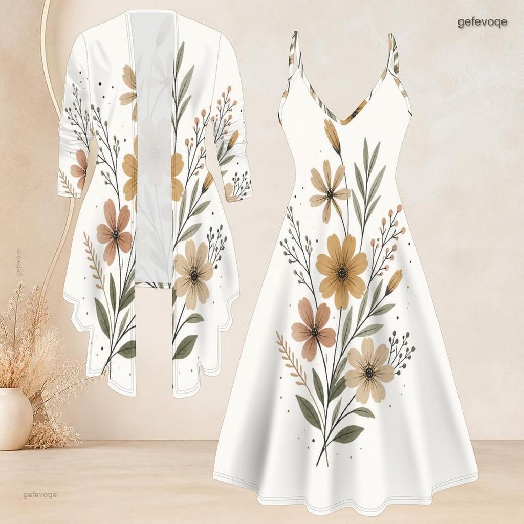 Women Plus Size Two Piece Matching Set Long Sleeve Cover Up Cami Maxi Dress
