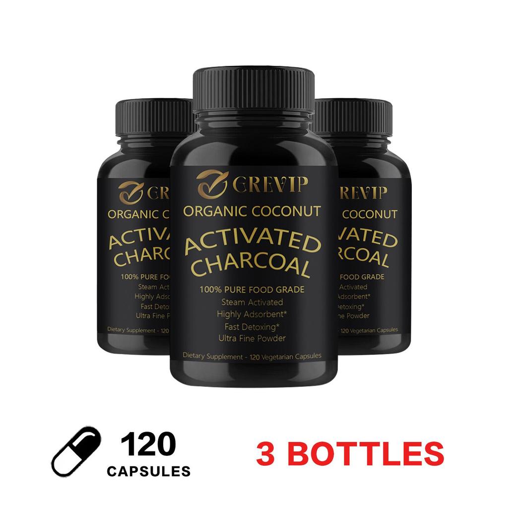 Organic coconut charcoal capsules, coconut shell charcoal, nutritional supplement, all-natural, suitable for adults.