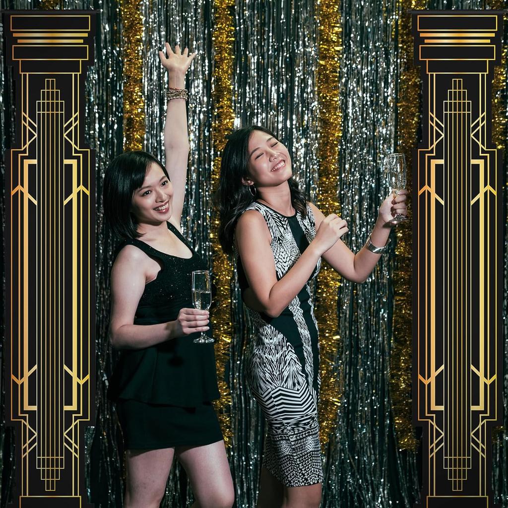 4 Pcs Roaring 20s Party Decorations Black and Gold Column Door Porch Banner 1920s Hanging Banner Speakeasy Awards Wedding Decorations Supplies