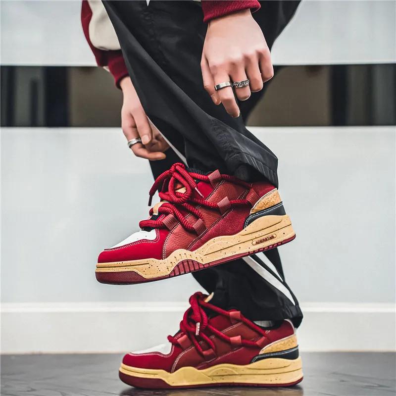Fashion Platform Skateboard Shoes Men Street Casual Hip Hop Red Sneakers Man Outdoor Breathable Leather Men's Trendy Skate Shoes