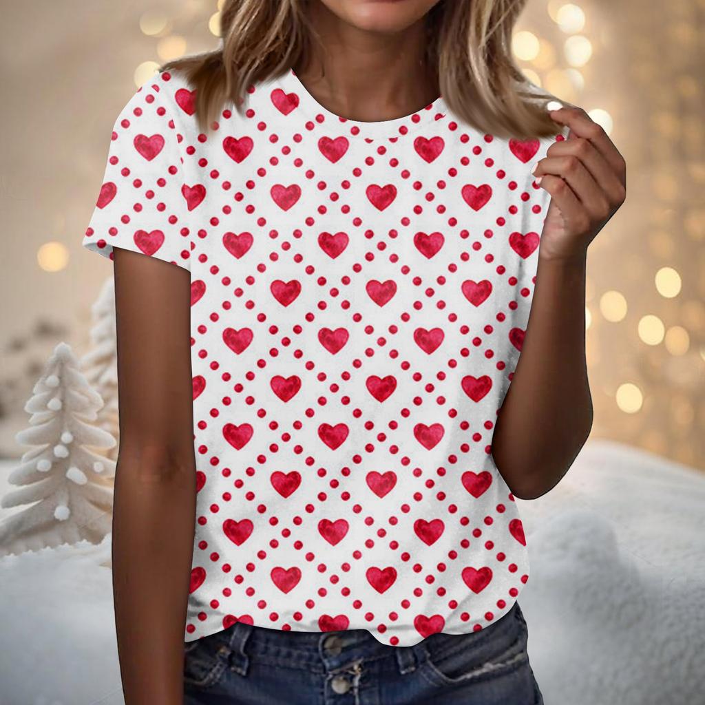 Women's Fashion Casual Short Sleeve Valentine's Day Printed Round Neck T-Shirt Top