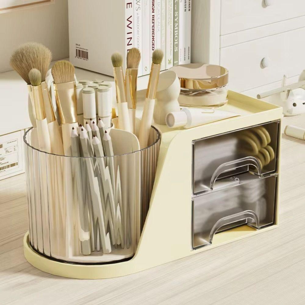 360 Degree Rotating Desk Organizer 6 Slots 4 Compartments Pencil Pen Holder Multi-Functional with 2 Drawer Makeup Organizer
