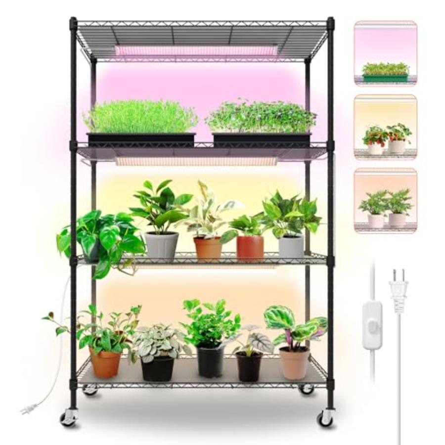 4-Tier Indoor Plant Shelf with 30W T5 Full Spectrum Grow Lights for Seed Starting and Seedlings Black Metal Plant Stand with Gr