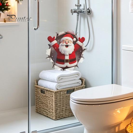 Durable Eco Friendly Wall Stickers 3D Break Santa Claus Toilet Lid Sticker, Winter Snow Scene Waterproof PVC Bathroom Decals Christmas Decal,