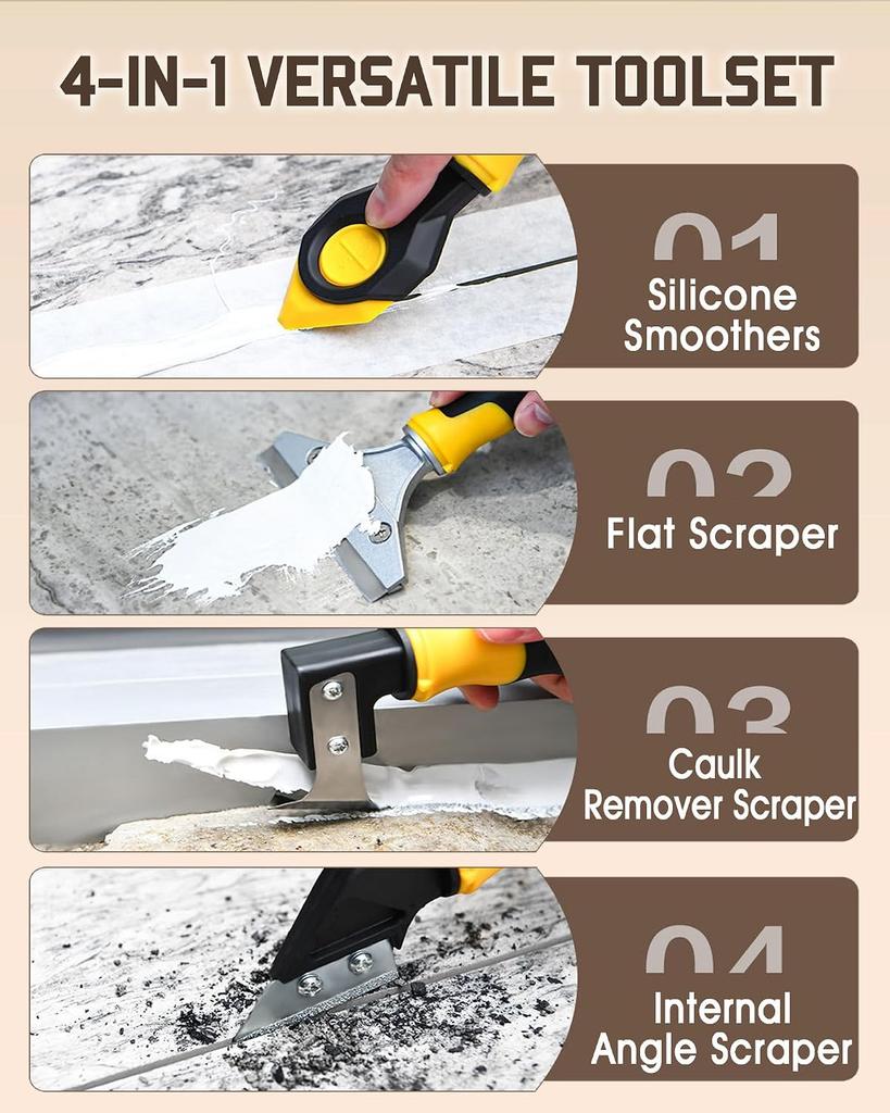 All-in-One Professional Caulk Remover Tool – Multi-Functional Scraper with Interchangeable Heads for Seamless Tile, Grout, and Bathroom Renovation