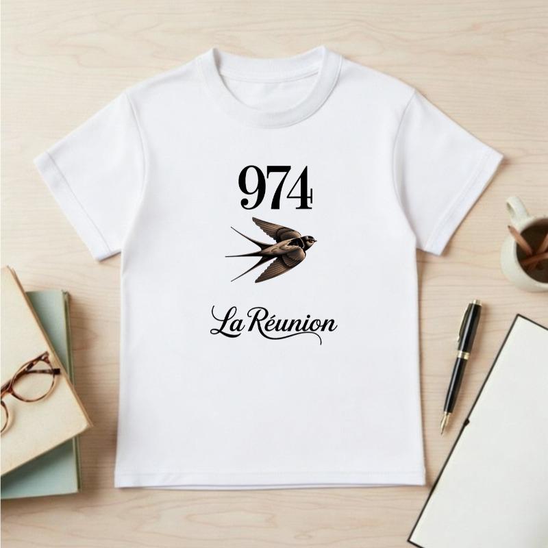 Kids Summer Crewneck Short Sleeve Tee, Number 947 & Swallow Print Casual Top 110 белый