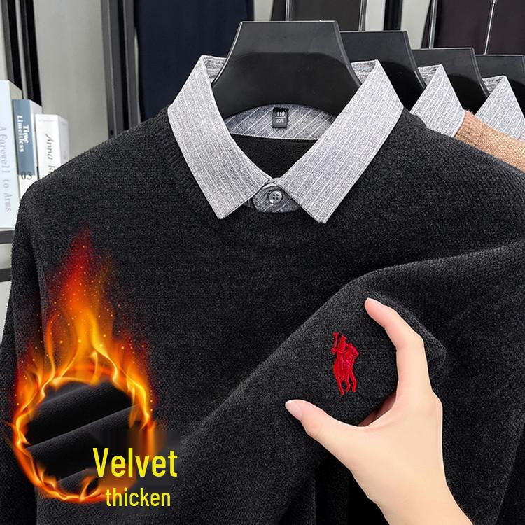 Мужской зимний флисовый свитер с воротником-рубашкой и вышивкой 4XL