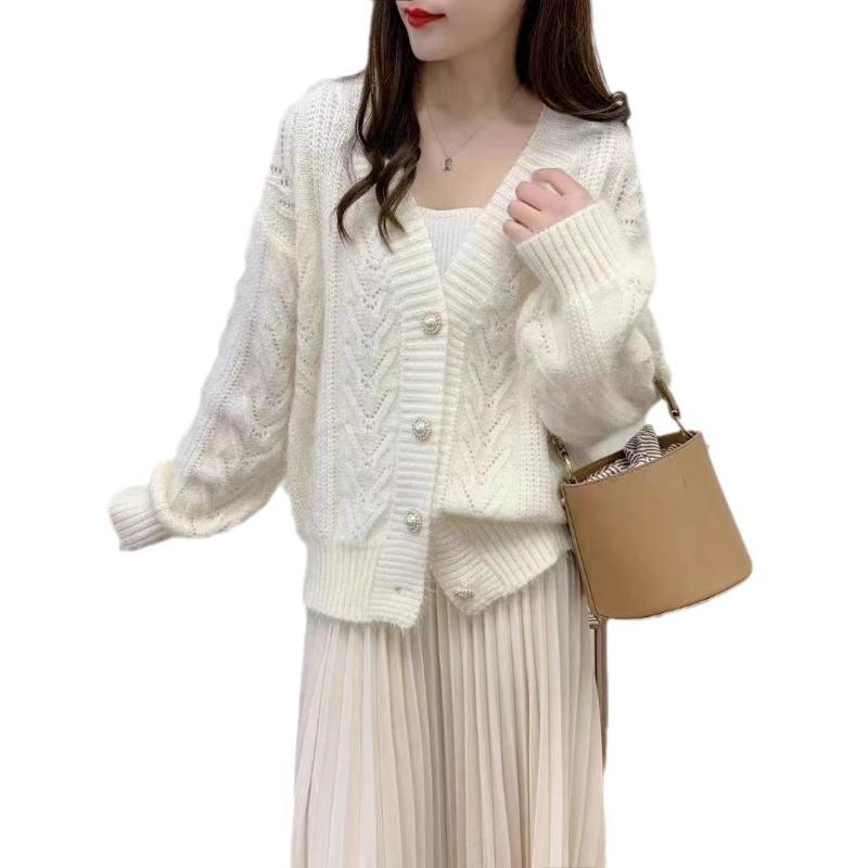 Soft waxy twist loose knitted cardigan women's autumn and winter new flower hair outer wear loose lazy wind sweater jacket