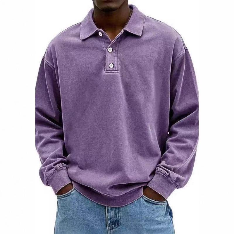 Mens Washed Long Sleeve Polo Shirt Casual Spread Collar Solid Color Loose Fit Pullover Top