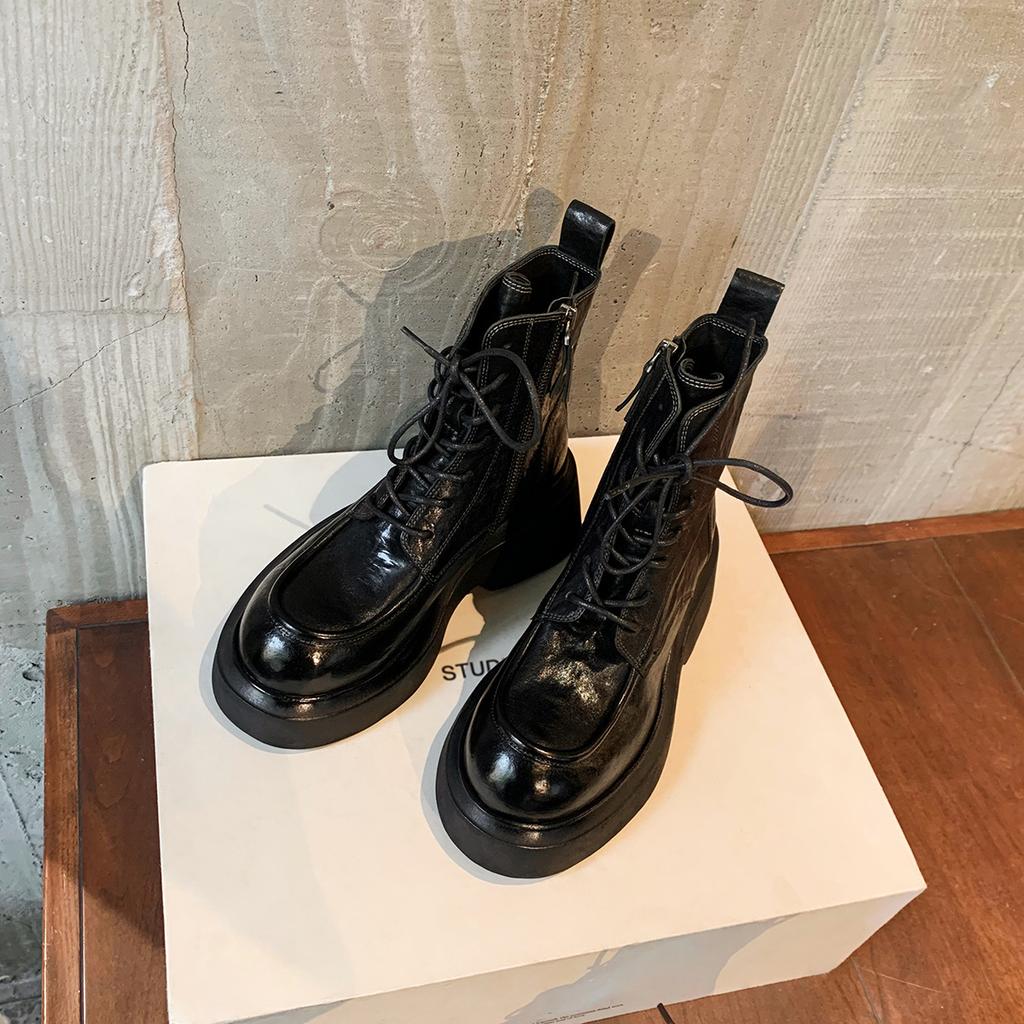 Cowhide Version~ Grape Mother Shrink-grain Horse Leather Boots Heightened Thick Heel Thick Sole Lace-up Side Zipper Martin Boots Women's Short Boots