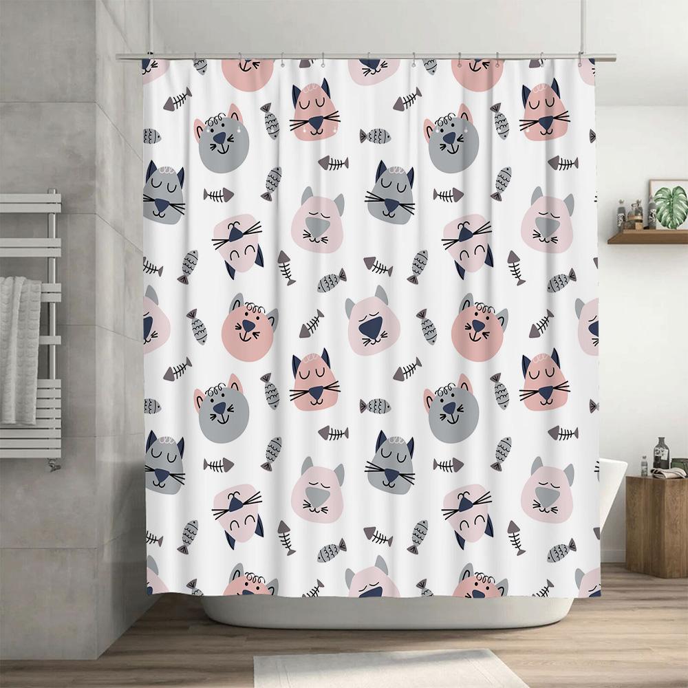 Decorative Cat Pattern Shower Curtain Pink Gray Colorful Cats Design Bathroom Accessories Soft Fabric Waterproof (White)