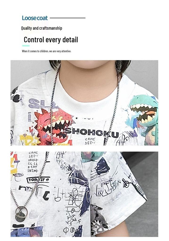 2026 Boys' Korean Style Summer Set: Colorful Dinosaur Print Tee & Denim Shorts