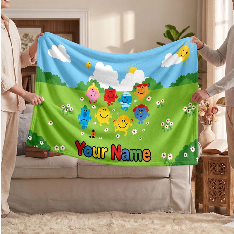 Mr. Men & Little Miss Personalized Flannel Blanket, Custom Printed Text Name, Warm Soft Blanket For Couch Bed