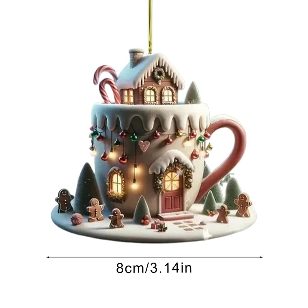 Coffee Cup Ornaments Christmas Tree Pendant 2D Acrylic Christmas Snow Houses Chocolate Mug Car Decor 2025 Xmas Navidad