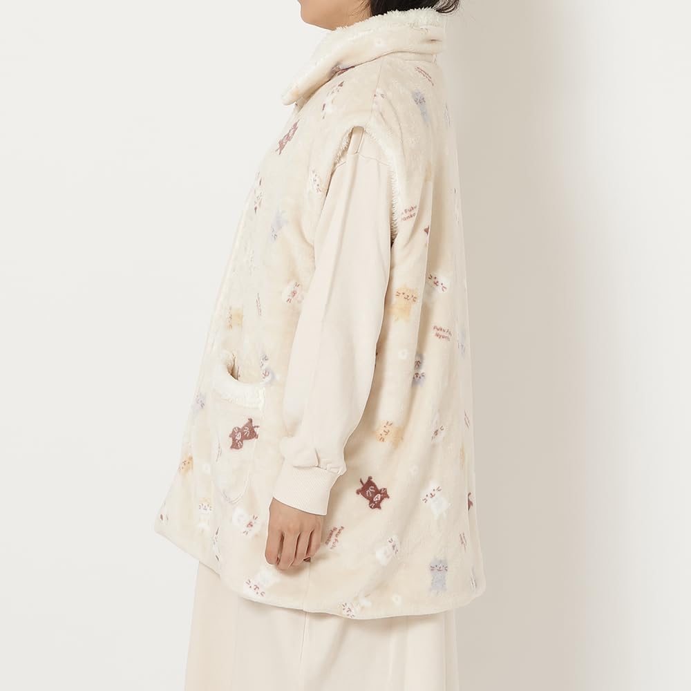 FUKU FUKU NYANKO Flannel Loose Comfortable Sizes Cat Fluffy Happins Vest, Sleeveless, Collared, Warm, Fit, Loungewear, M-L, Design, Beige, Pink, Cute,