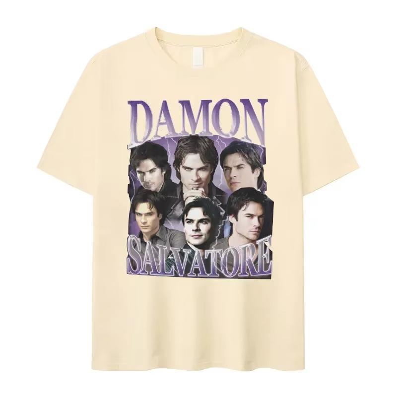 Damon Salvatore IanSomerhalder TV Drama Pattern Tshirt for Men Women Retro Gothic Fashion Oversized Shirt Short Sleeve Casual Clothing